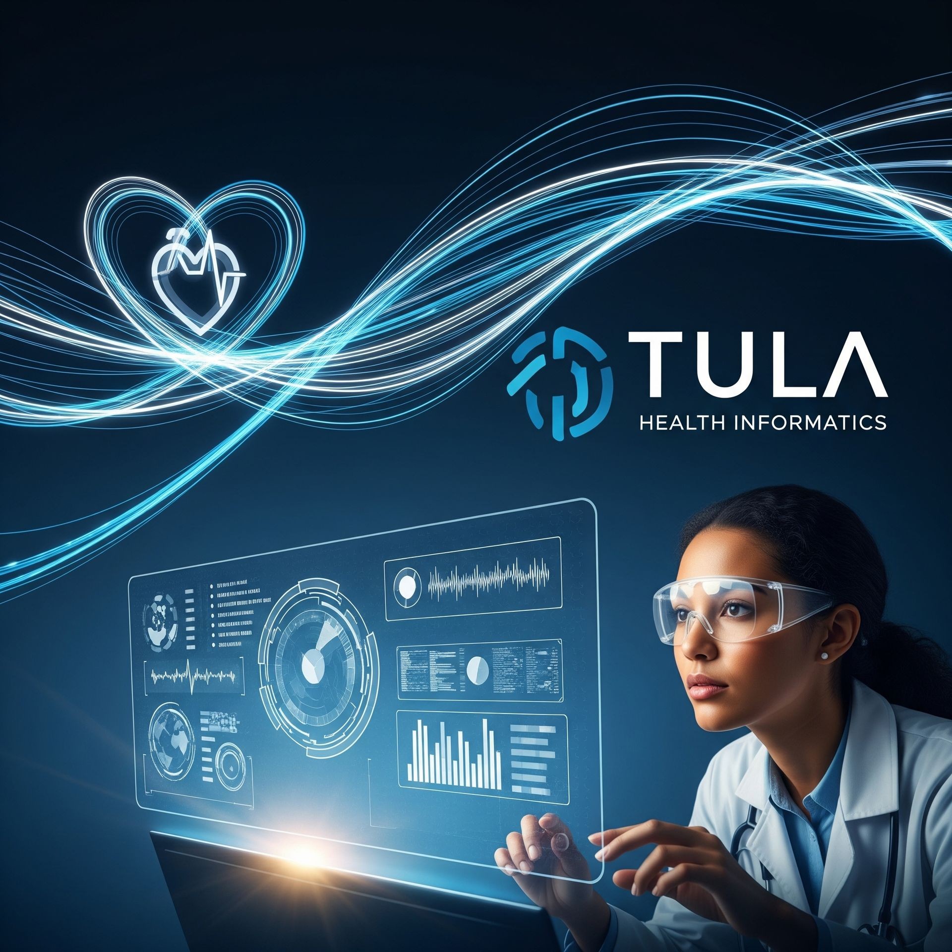Medical professional interacting with futuristic health data display, wearing protective glasses, with Tula Health logo.
