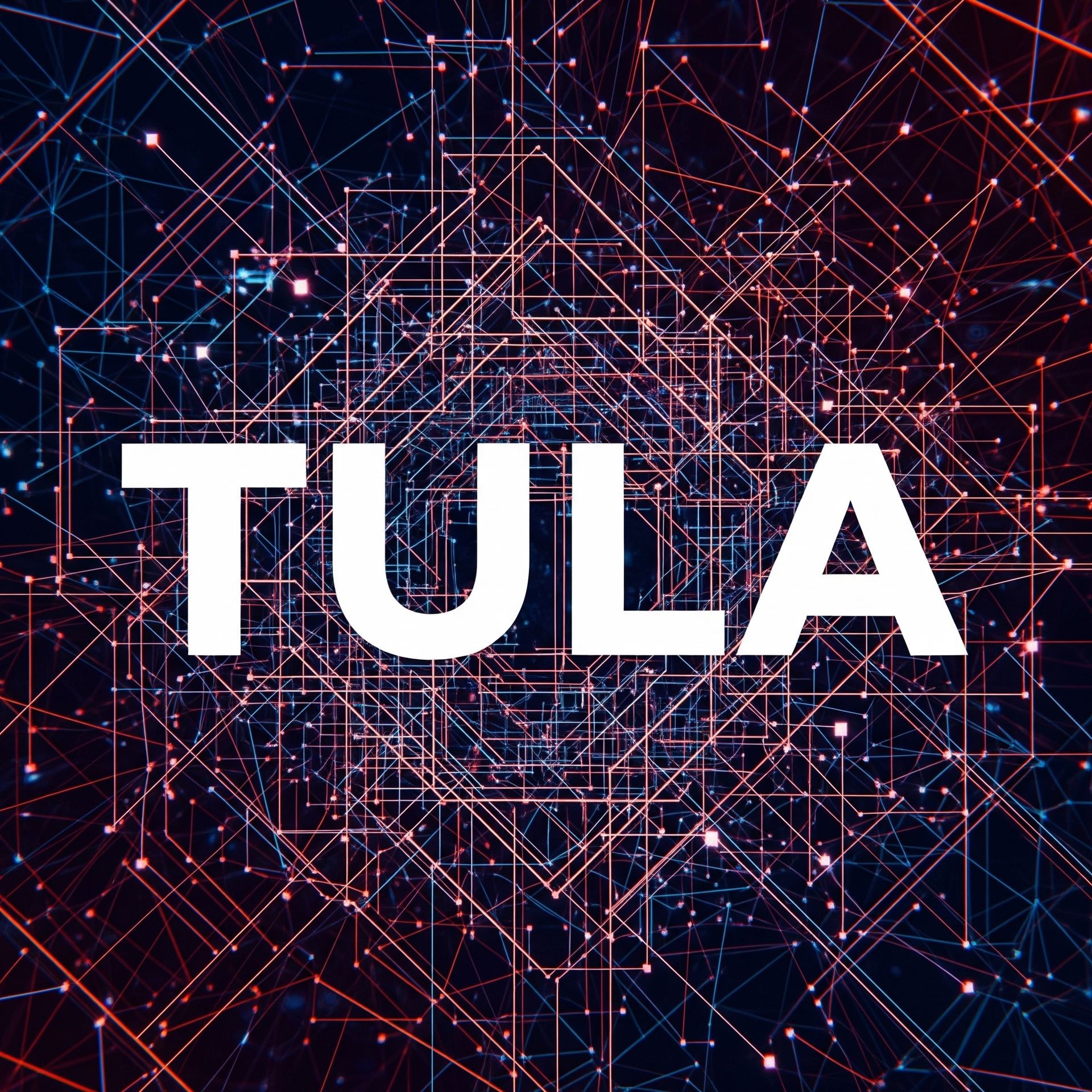 TULA text on a neon network of interconnected lines and dots with a dark background.