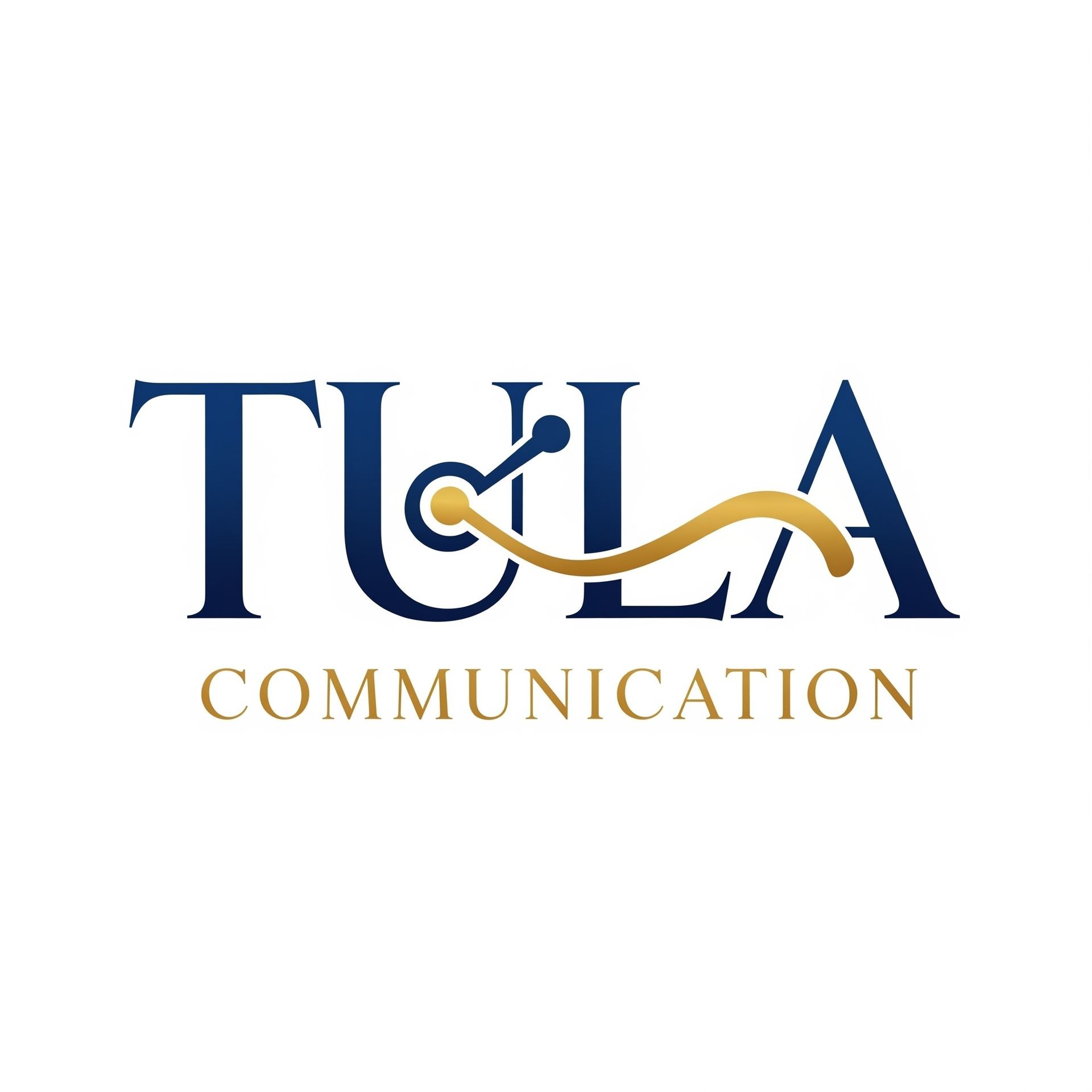 Tula Communication logo with stylized golden connector design on white background.