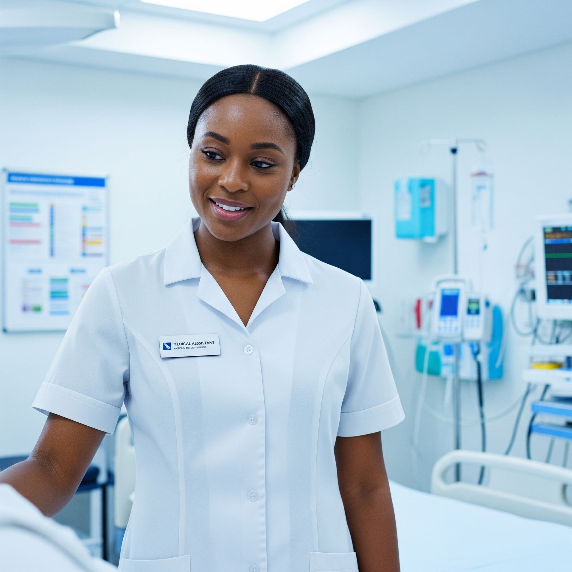 Smiling medical assistant standing in a hospital room with medical equipment in the background.