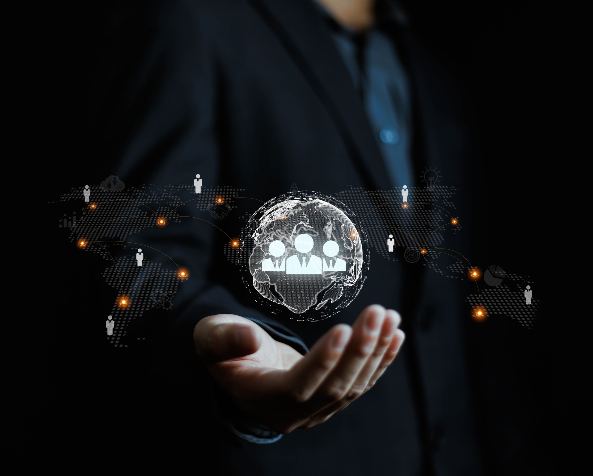 Businessman using people icon, development concept, information exchange, customer service, training, leadership, resources, policy, feedback, professional team, recruitment, digital technology.
